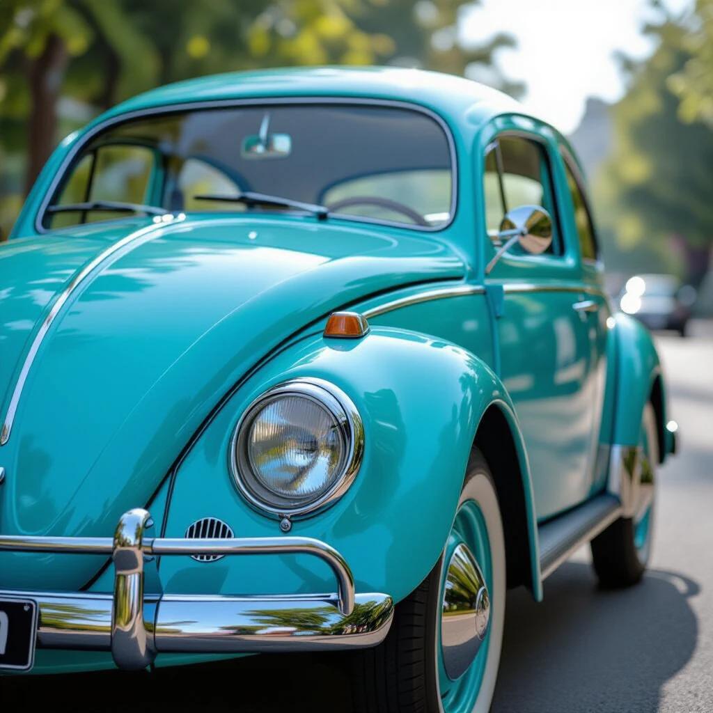 Ultra-sharp archival shot of a 1950s Volkswagen Beetle in custom turquoise paint. The car occupies 90% of the frame. Features water droplets on hood. Captures grain texture of Bakelite steering wheel. Includes vintage tire tread pattern. Background shows turquoise ocean waves with long exposure mist.