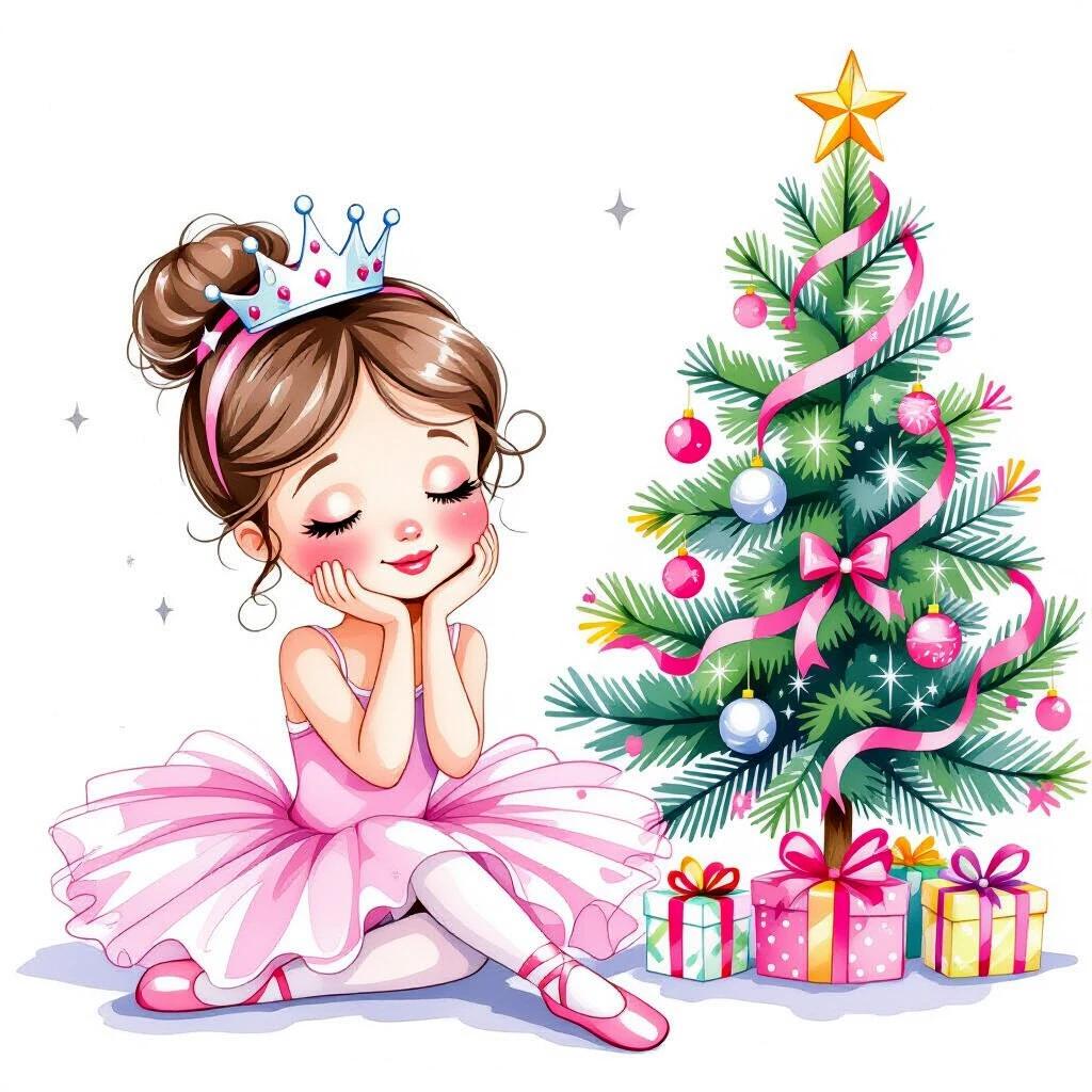 A graceful little ballerina wears a pink tutu and crown. She sits beside a Christmas tree with pink and silver decorations. Her hands are resting on her chin with eyes closed and a small smile. The background is white and colors are vibrant and bold, creating a dreamy atmosphere.
