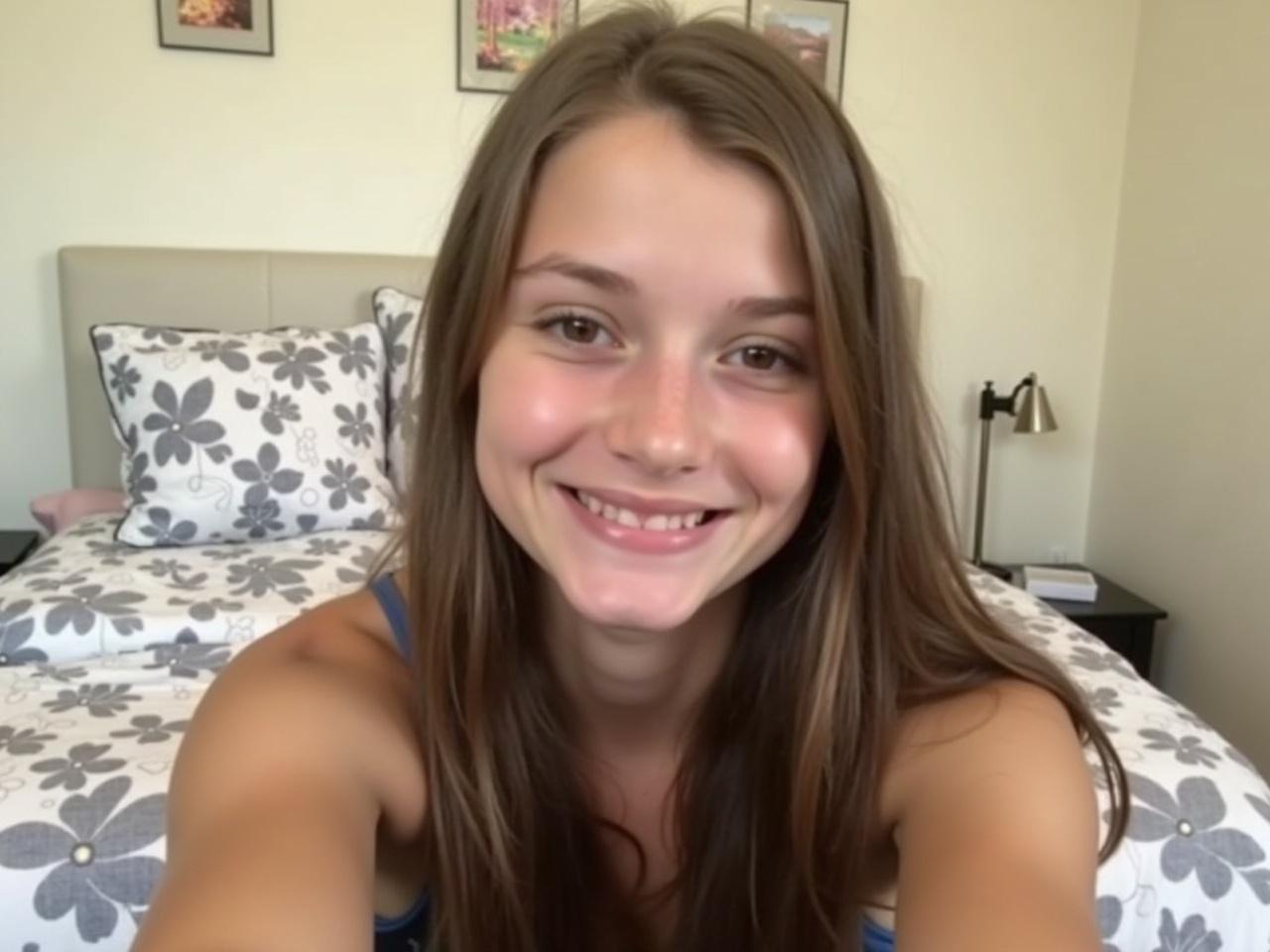 A young person is sitting on a bed, taking a selfie. They have long hair and are wearing a sleeveless top. The background features a room with light walls and a bed adorned with floral-patterned pillows. There are a few pictures hanging on the wall, adding a personal touch to the space. The lighting is bright and natural, suggesting a daytime setting. The expression is friendly and calm, creating an inviting atmosphere.