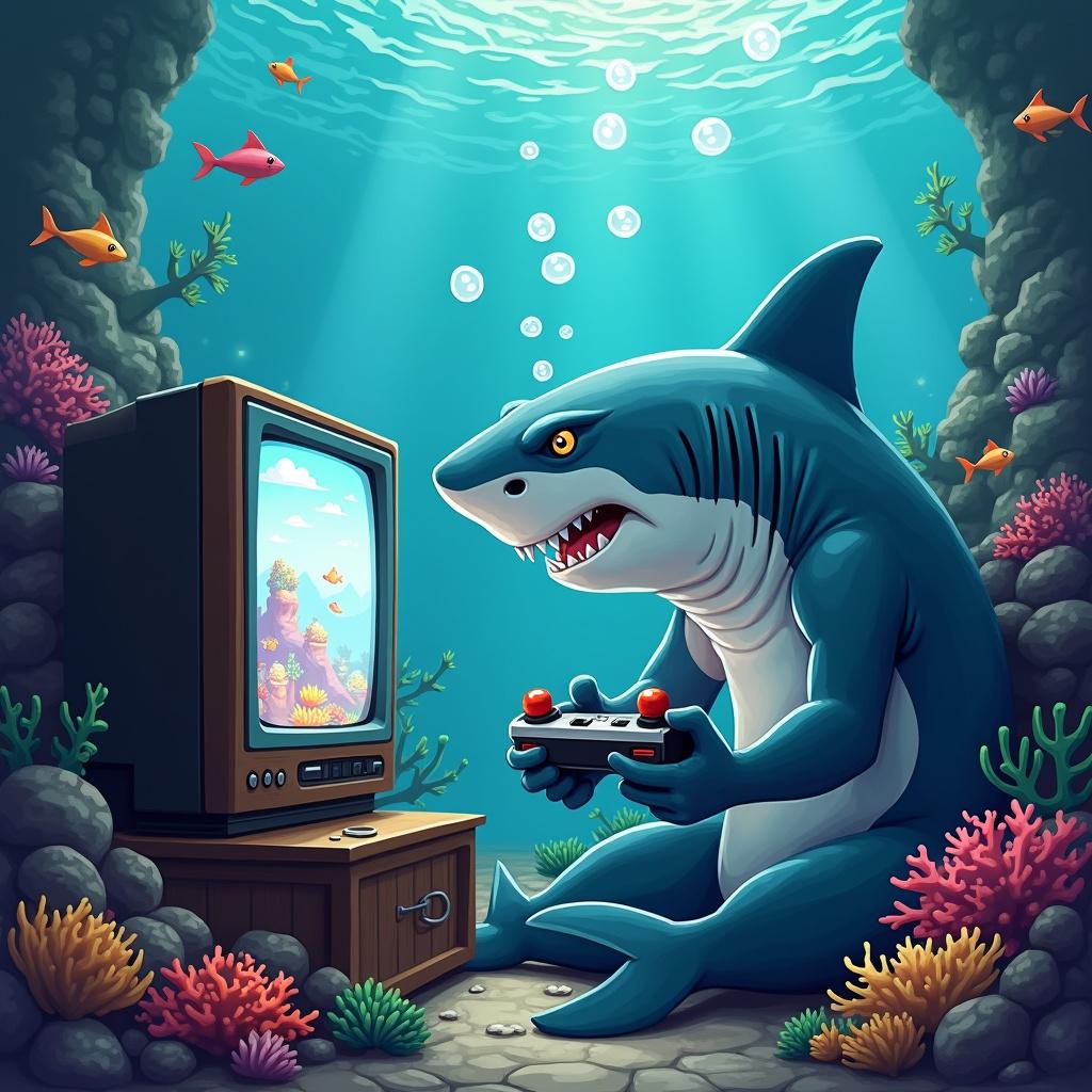 A cartoon shark playing video games underwater. Shark is sitting in front of an old TV. Coral and fish surround the scene. Shark holds a game controller. Bubbles rise in the water.