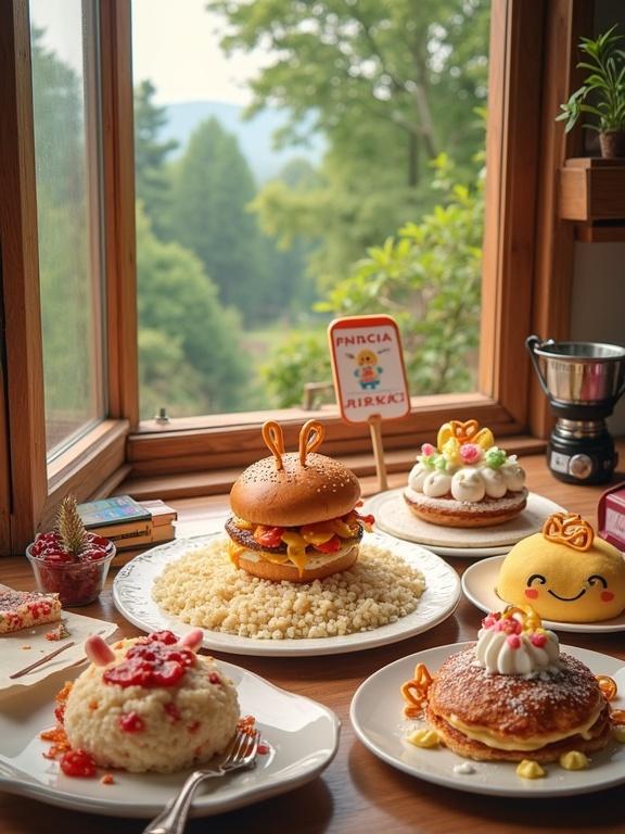 Various food dishes have a character theme. Include a large plate of rice with sauce and melted cheese. A cartoon burger has a smiley face. Fluffy pancakes are decorated with pretzels and marshmallows. Bright character desserts like a white bunny and a yellow duck are present. Utensils and a smartphone showing a character are on the table. There are books and a portable stove on a rustic wooden table. The scene is viewed through a wooden window with green trees outside. Style is photorealistic with soft daylight and vibrant colors. Cozy and inviting atmosphere is highlighted.