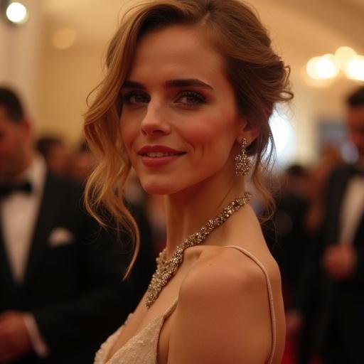 Photorealistic portrait of a woman at a gala with elegant hairstyle and attire. The background features indistinct figures in formal wear.