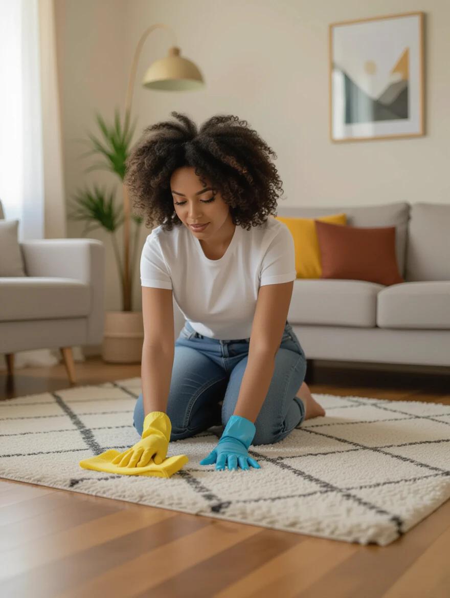 Woman kneeling cleaning the floor in a living room. She wears colored cleaning gloves. Soft lighting illuminates the space. The decor is modern and minimalistic. She is focused on her task.