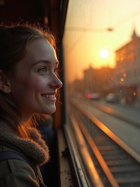A vintage tram journeys through a small town at sunset. A beautiful girl smiles while gazing out the window. Her dreamy expression hints at thoughts of a young man. The scene features warm muted colors and blends realism with surrealism. A gentle melancholic mood and a poetic atmosphere are present.