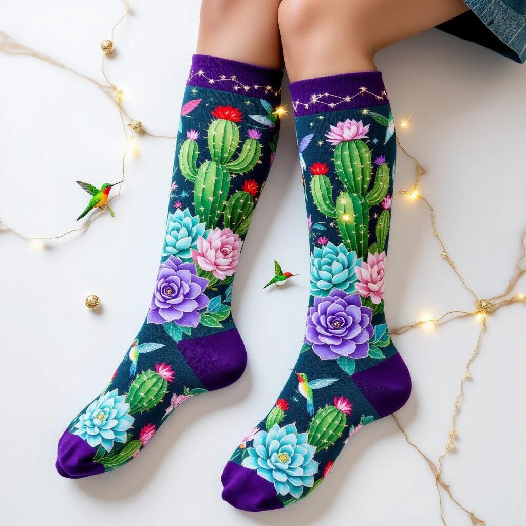 Flat lay of knee-high socks featuring enchanting succulent gardens. Socks decorated with magical cacti in jewel tones. Inner glow effects highlighting designs. Tiny crystals and fairy lights are wrapped around plant stems. Small lizards and hummingbirds hide within the foliage. Botanical designs extend from toe to cuff, enclosing the leg. Laid in an elegant S-curve to highlight full coverage and height. Positioned on white marble featuring subtle gold veining. Natural daylight creates soft shadows and illuminates metallic details. Centered composition from an overhead viewpoint. High-end fashion look with clean aesthetics and luxurious textures.