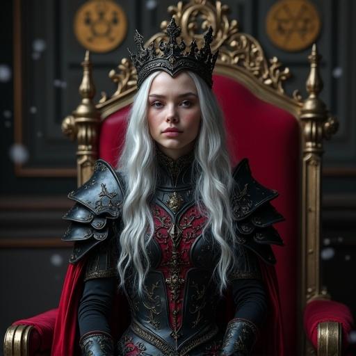 A young woman with long silver hair stands nervously in gothic armor. The throne room has magical symbols. She gestures shyly toward an ornate chair with a smile. Her posture is hunched, fingers trembling gently. Magical particles float around her, creating a calm atmosphere.