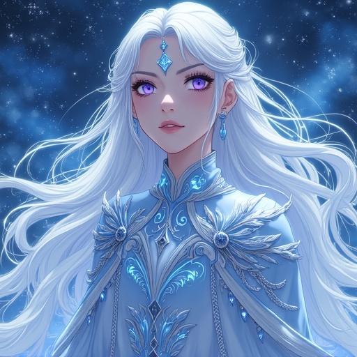 Anime-style elven warrior with long white hair and violet eyes. Wears ornate silver and icy-blue robe with glowing runes. Ice energy flows around in ribbons. Cosmic winter background with snowflakes and starlight. Ethereal and regal look. High detail.