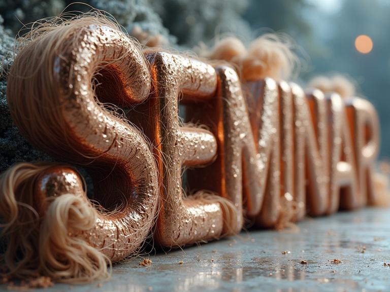 Ultra-realistic surreal artwork of the word SEMINAR in metallic and hair textures. Letters shine like chrome. Hair integrates with letters like buns, waves, and ponytails. High contrast and vibrant colors. Shallow depth of field. Dreamy soft background. Detailed 8K resolution.