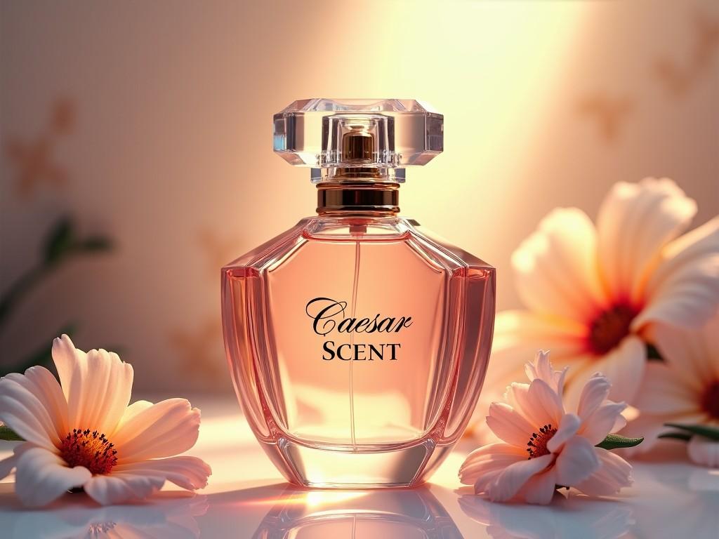 A luxurious perfume bottle surrounded by soft flowers, illuminated warmly, creating a sense of elegance and fragrance.