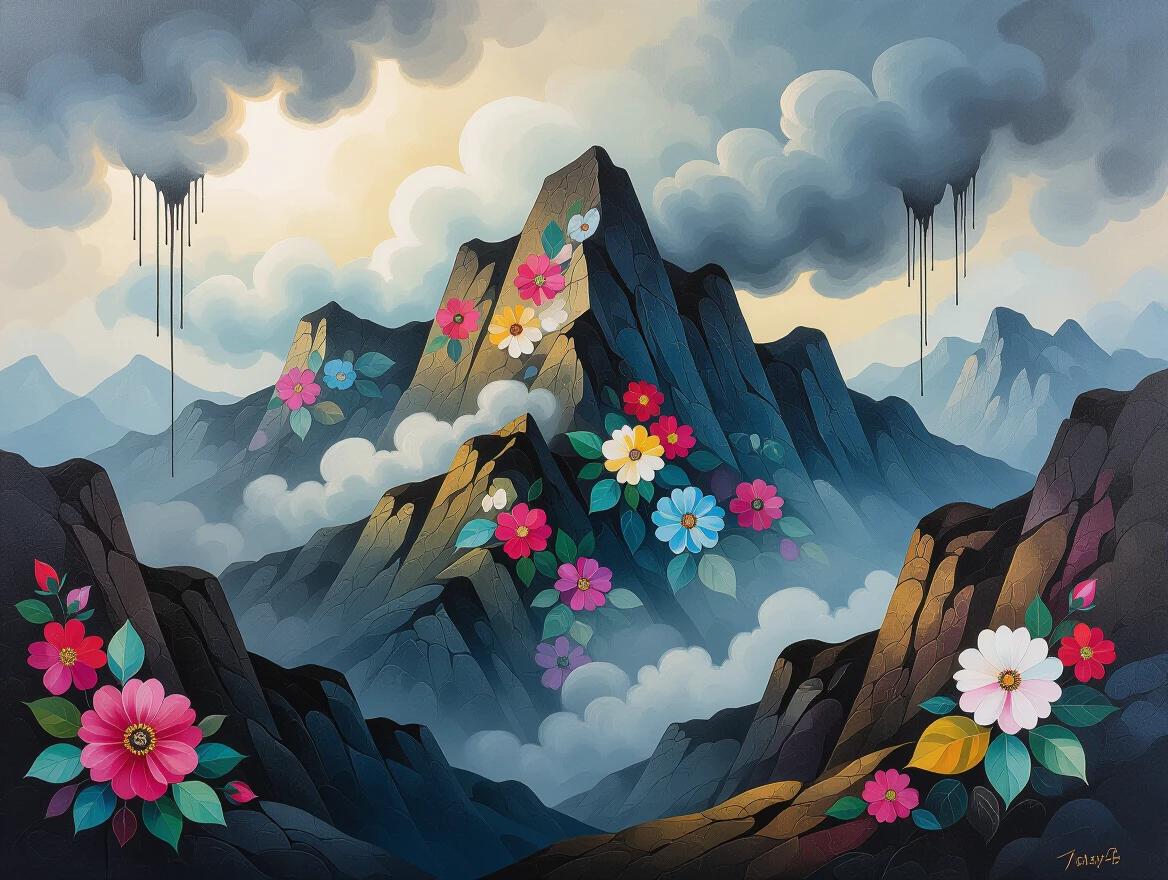 Surreal mountain landscape with floral patterns. Bold oil brushwork creates texture. Rocky cliffs adorned with flowers. Dripping black ink from clouds. Moody lighting enhances atmosphere.
