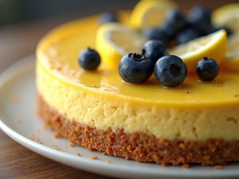 Photorealistic image of a Lemon blueberry cheesecake. Cheesecake has a smooth yellow top. Decorated with fresh blueberries and lemon slices. Cheesecake sits on a white plate showcasing a golden brown crust. High angle perspective captures cheesecake details with sharp focus and cinematic lighting.