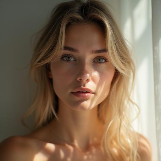Natural lighting emphasizes features against a light background. The photograph showcases elegant hair and upper body. Soft focus and warm tones create an inviting atmosphere.
