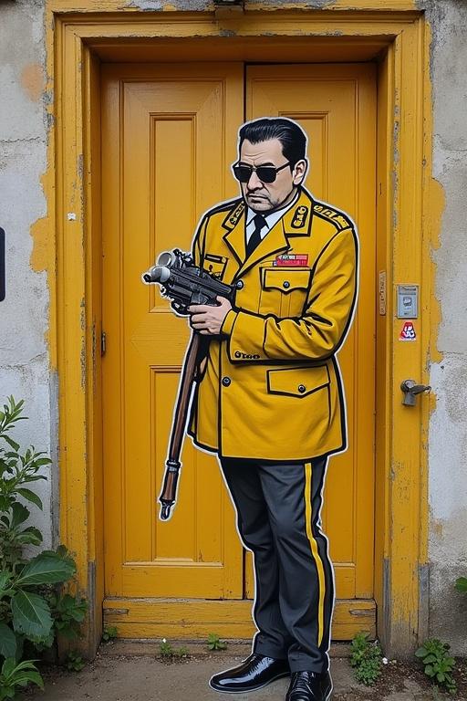 Graffiti artwork depicting a character inspired by Colonel Mustard from Clue holding a weapon against a yellow door.
