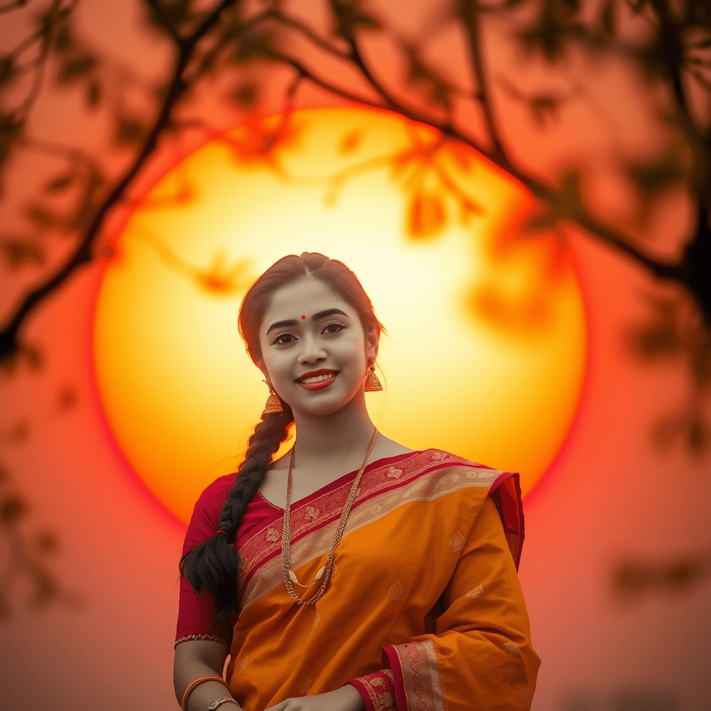 A woman in traditional attire smiles with a vibrant sunset in the background.