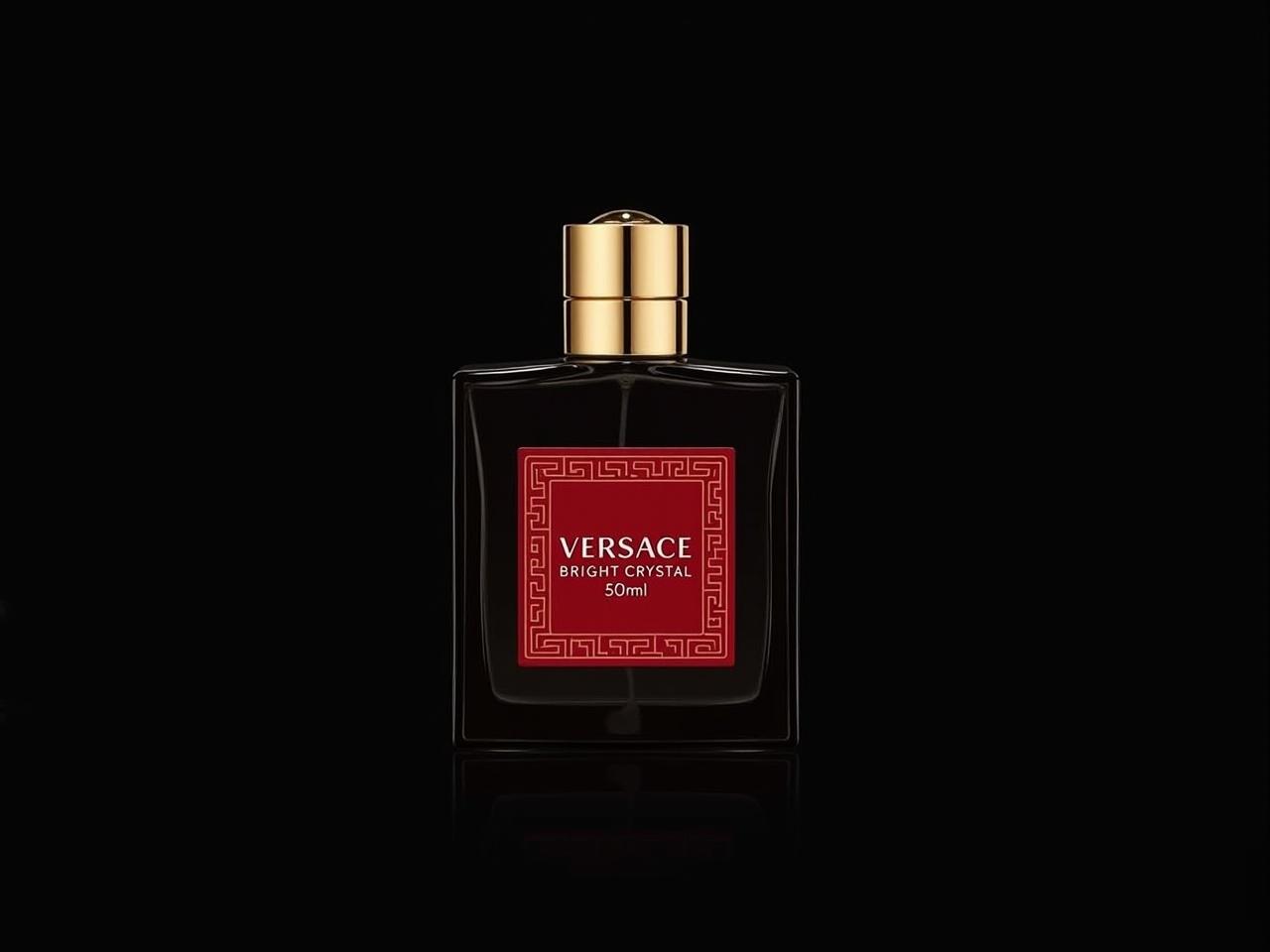 The image shows a bottle of perfume. The bottle is square and made of glass. It has a golden cap and features a red label with intricate designs. The label includes the name 'VERSACE BRIGHT CRYSTAL' along with the volume of 50ml. The background is black, which makes the bottle and label stand out prominently. This presentation gives a luxurious and elegant vibe.