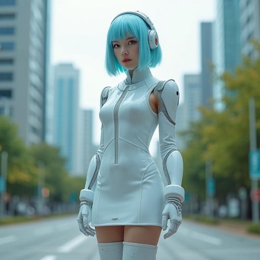 A young woman stands in a park in a suburb of Tokyo. She wears a sleek white futuristic dress and thigh-high boots. Her hair is styled in a light blue bob. She has a futuristic headset and arm covers. A spaceship is landed in the background.