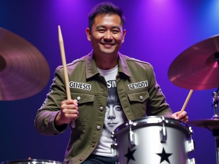 A male drummer performs on stage with drumsticks raised. He wears an olive green jacket with white text designs. The background features vibrant purple and blue colors. The drummer confidently plays a silver drum kit with black stars.