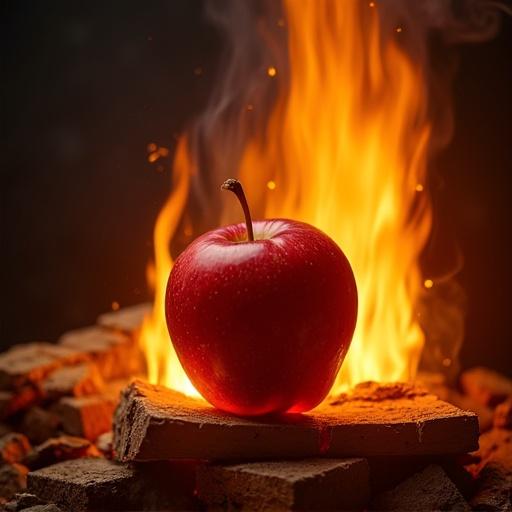 An apple placed in front of a fire background. Flames surrounding the apple create a dramatic scene. Rich colors enhance visual impact. Close-up view highlights details.