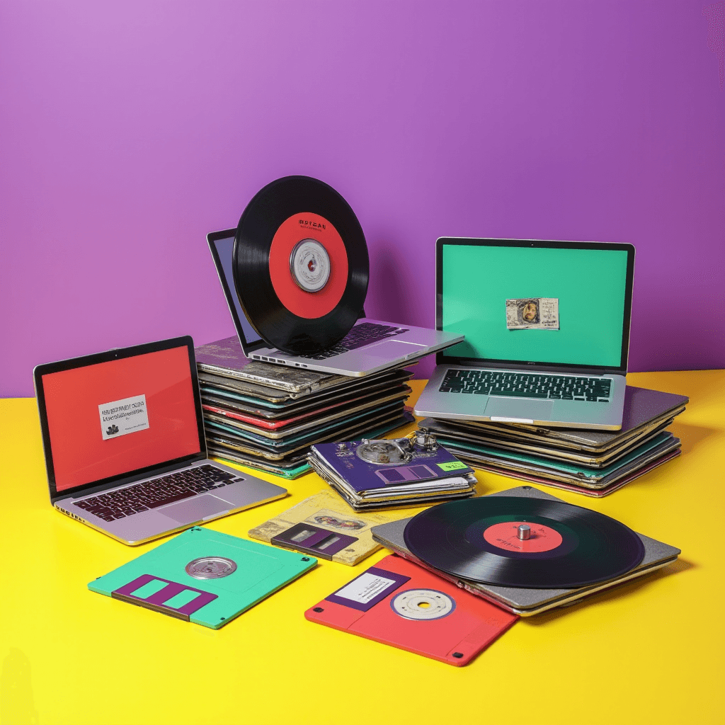 Laptops on vinyl records with floppy disk designs scattered on a colorful table against a vibrant background.