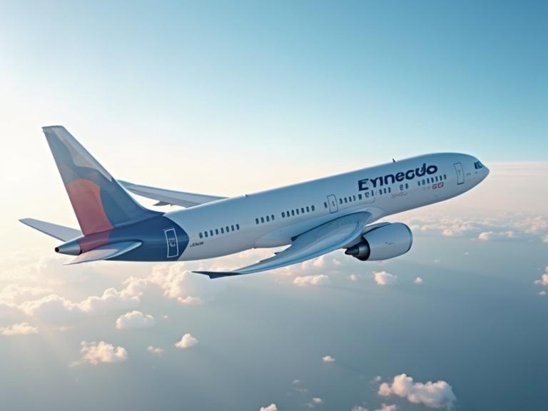 Airplane designed with a unique euro-themed livery flying in blue skies over clouds. The aircraft is depicted from an aerial perspective showcasing its elegant form against a soft background.