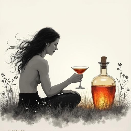 Minimalist ink painting of a serene goddess with flowing hair. A seated figure in a misty field of wildflowers. Offering a toast with a cocktail glass to a partner. An apothecary bottle nearby with golden-reddish glow. Simple hang tag with 'ALFRUNO'. Evokes mystery and tranquility.