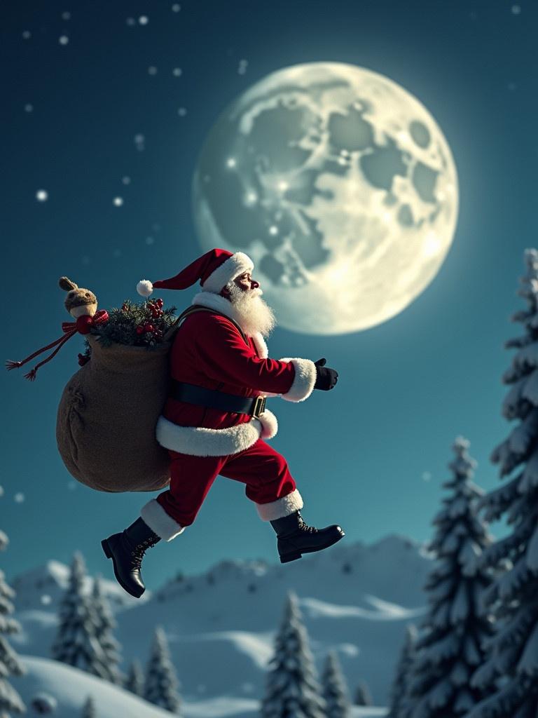 Realistic Santa flying past the moon. Santa in traditional outfit carrying large sack. Snow-covered trees in the background. Full moon shining brightly in the night sky.