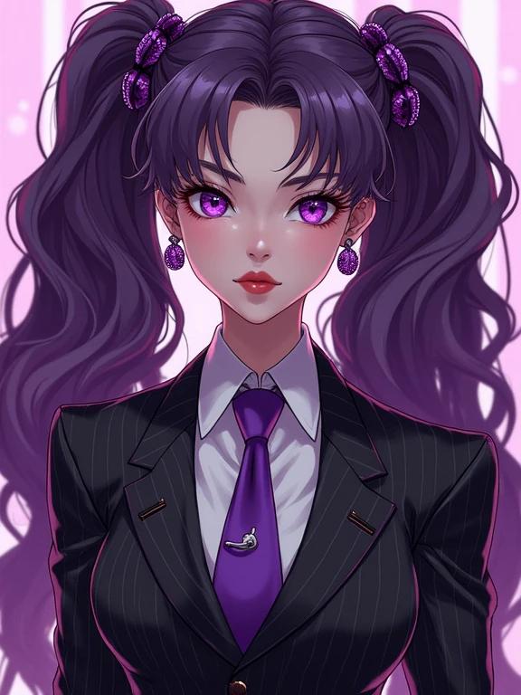 Anime woman in futuristic attire. She has amethyst purple eyes. Dressed in a pinstriped suit with a tie. Hair is oversized and curly purple pigtails. Displays a professional look. Wears significant amethyst purple diamond jewelry. Features a modern and elegant style. Tattoos visible on her skin.