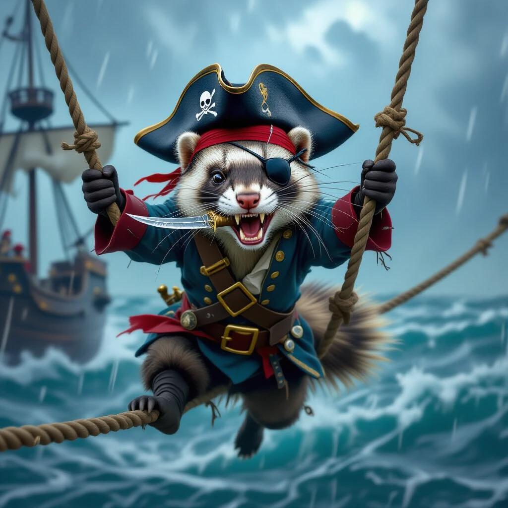 Fierce ferret with pirate attire swinging on a rope over ocean waves with stormy weather. Eye patch and dagger in its mouth. Pirate ship in background. Illustration features dark clouds and vibrant colors.