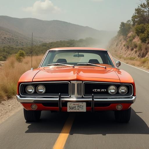 Image of a classic orange car on a road in a countryside setting. The car has a sleek design with a shiny front and is parked on a highway. A mountainous background suggests a scenic drive. Blue sky overhead and a slight haze in the background provide a calm atmosphere.