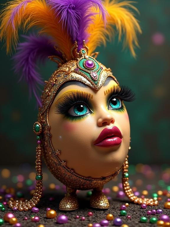 Digital art of a stylized egg celebrating Mardi Gras. The egg features vibrant colors and a feathered headdress. Surrounded by Mardi Gras beads, it radiates a festive and glamorous vibe. Long accentuated eyelashes add personality. Costume design reflects the energy of a parade.
