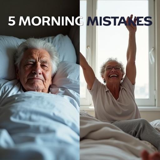 Split image showing a tired elderly person in bed on the left and an energetic senior stretching happily on the right. Large text '5 MORNING MISTAKES' at the top with smaller text 'Aging You 10 Years Faster!'