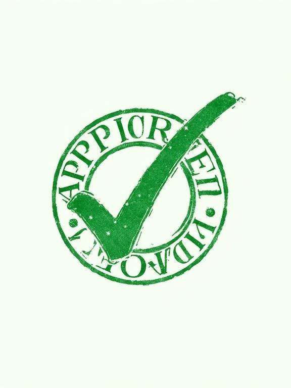 Bright green rubber stamp with the word APPROVED. Features a checkmark in the design. Official and bold stamp style. Simple background.