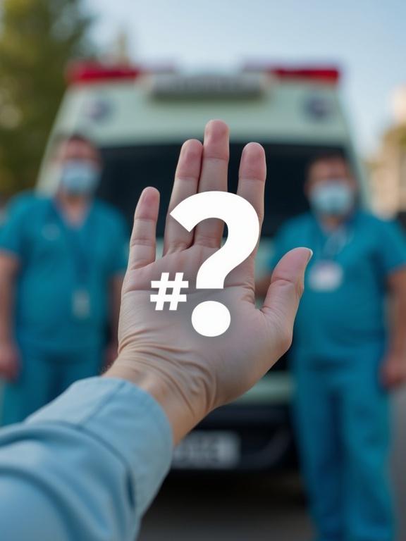 Close-up of a raised gloved hand in front of an ambulance. Healthcare staff in the background. Soft overlay of a question mark and hashtag symbols. Emphasize call to action. Space at the bottom for hashtags.