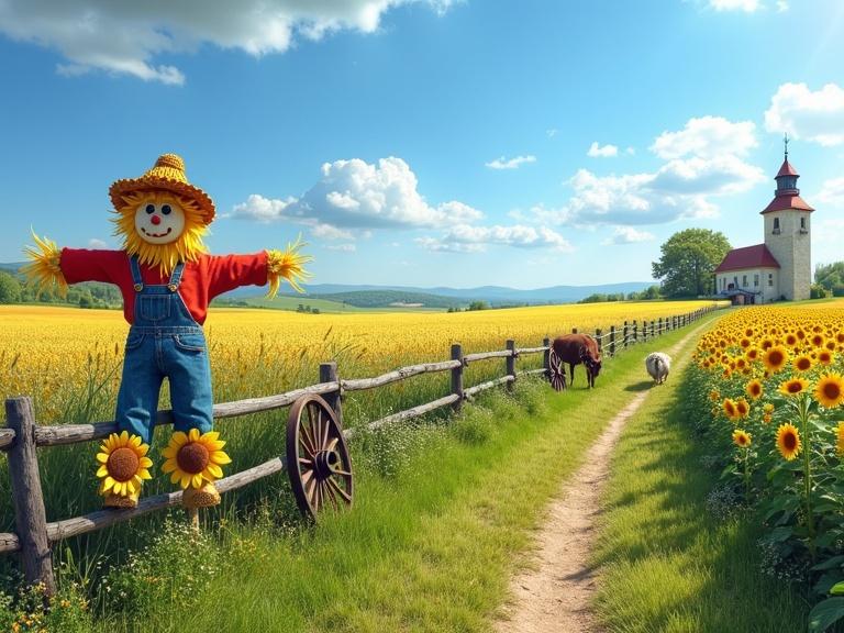 Bright blue sky with scattered clouds. Foreground includes a cute scarecrow decorated with sunflowers. A cow and sheep are present in the scene. Lush green countryside landscape with whimsical features. A narrow dirt path leads into sunflower and wheat fields. A split-rail fence with weathered wagon wheels near the scarecrow.