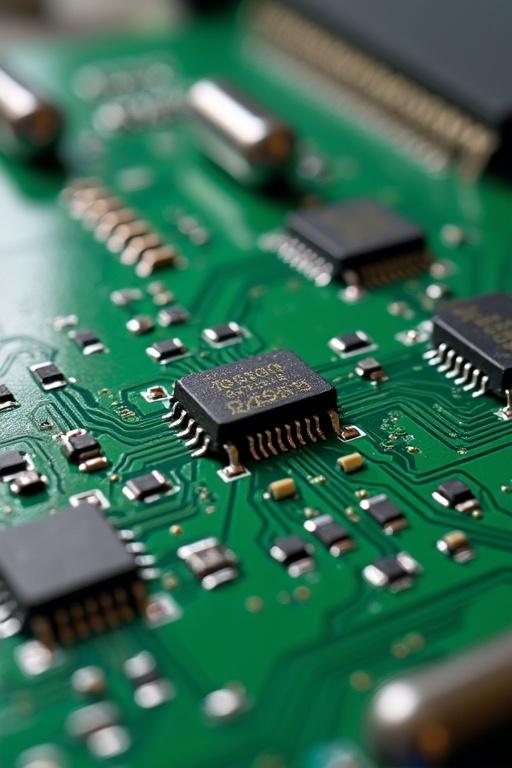 An electronic printed circuit board features many SMD capacitors. The SMD capacitors have been altered to resemble sesame seeds. The view is detailed and close-up.