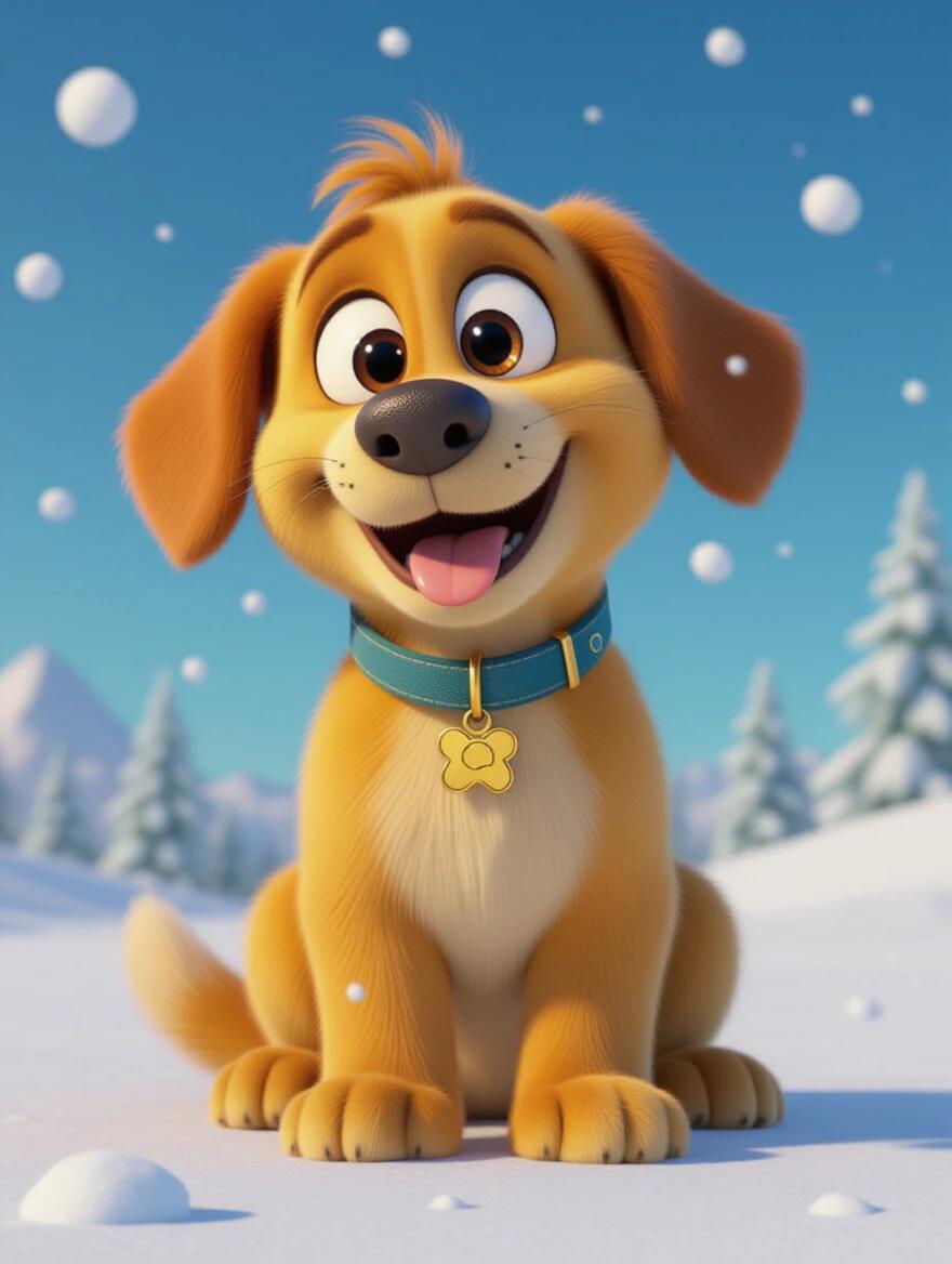 A cartoon dog sits happily in a snowy landscape. The dog has a joyful expression. The scene includes trees in the background with snow falling gently.