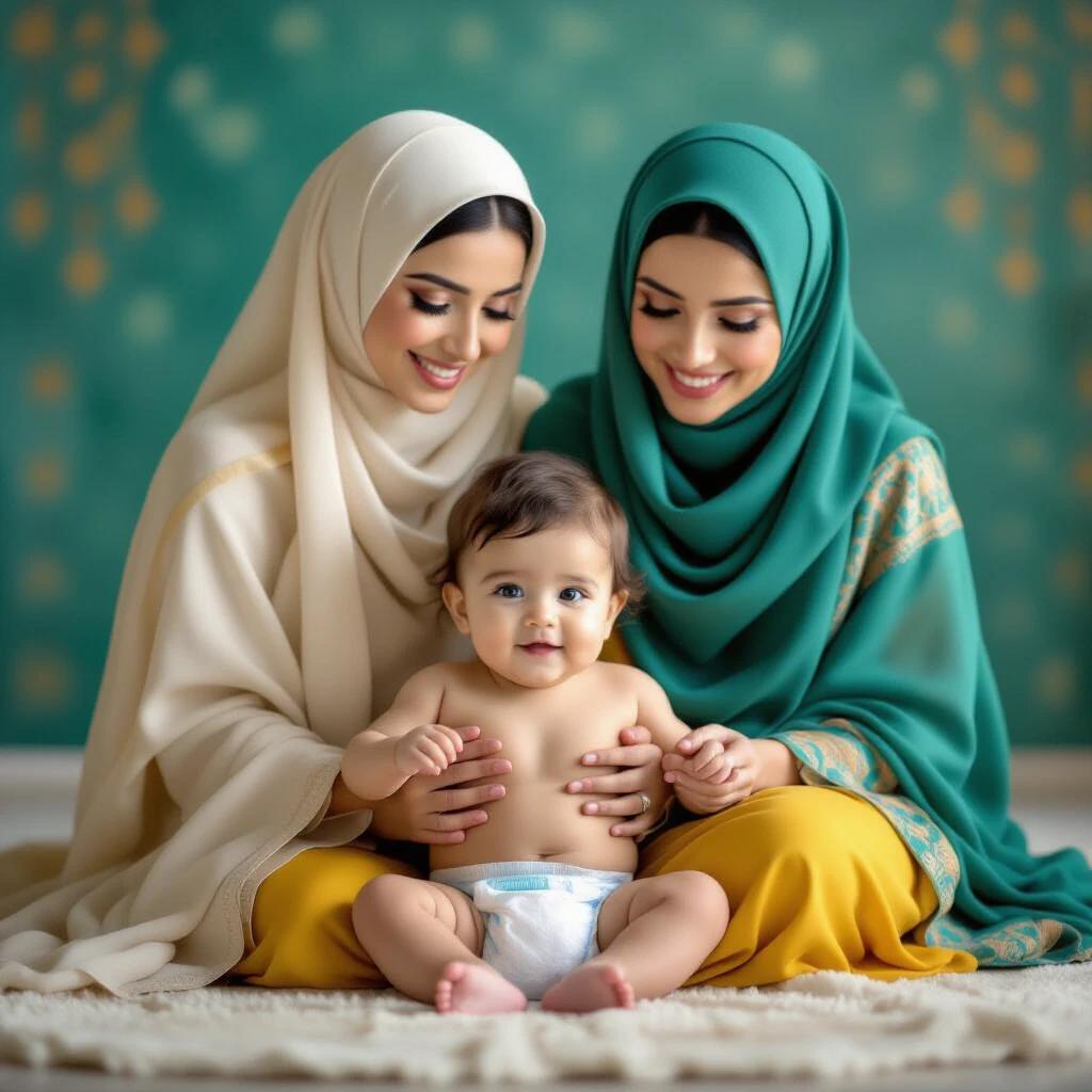 A baby boy sits playing. Two mothers stand behind. One wears a turquoise headscarf. Other wears a beige hijab. The background is a soft turquoise color. The baby is wearing a diaper. Yellow accents are in the mother's clothing.