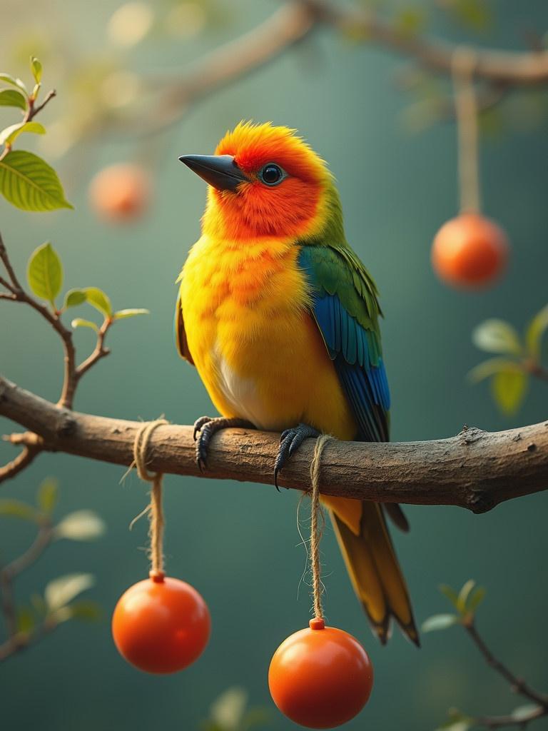 Bird stands on branch. Bright feathers in yellow and orange. Green and blue accents. Giant orange balls hang from branch. Soft background blur enhances focus on bird.