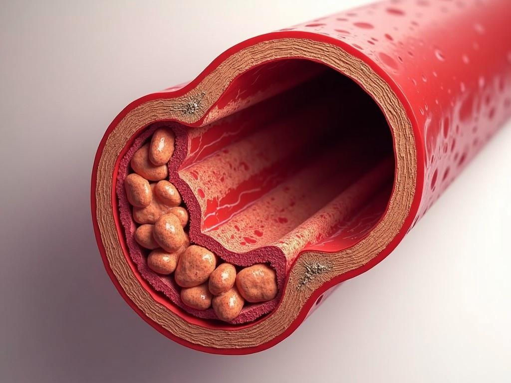 This image presents a highly detailed cross-sectional view of an artery showing the layers and structure of the blood vessel. The artery’s wall is cut away to reveal the buildup of plaque within the vessel, a key feature in understanding cardiovascular diseases like atherosclerosis. The image is designed to illustrate the narrowing of the artery due to lipid deposits, which could lead to restricted blood flow. This visual aid is beneficial for educational purposes, showcasing arterial health. It's ideal for medical professionals and students to understand the implications of plaque formation.