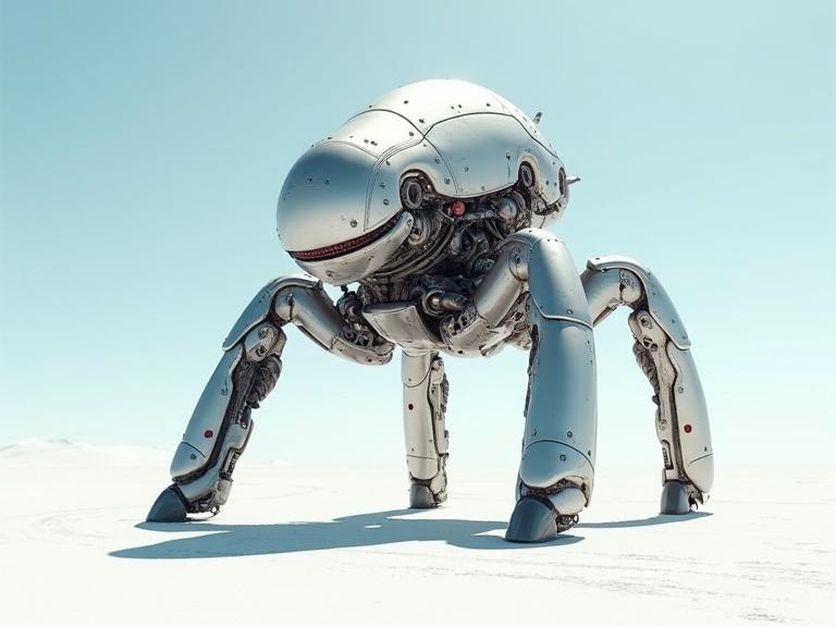 Huge sleek silver rough gritty metallic detailed textured cyborg robot with six legs in white desert under blue sky with sunny light creating shadows. High level of realism and intricate details.