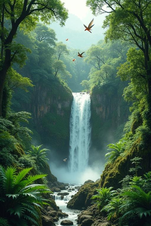 Lush tropical scene features majestic waterfall cascading down rocky cliff. Thick moss-covered trees surround the waterfall. Vibrant ferns and brightly colored birds add life to the tranquil environment. Rich green hues create natural beauty.