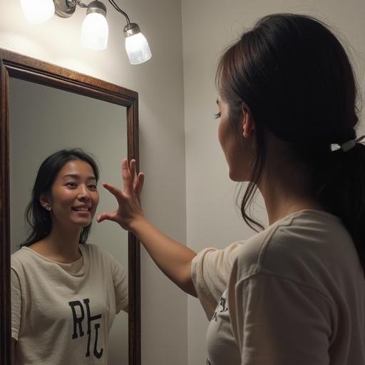 A person is playing rock-paper-scissors using a mirror. The game involves reaching out towards the reflection. The setting includes a wooden-framed mirror and soft overhead lighting. The person's expression is engaging with the game.