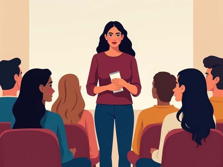 Illustration of a South East Indian woman confidently delivering a speech in a community hall. Audience composed of diverse ethnicity, age, and gender. Cohesive color palette with rich maroons and navy blues. Transparent background.