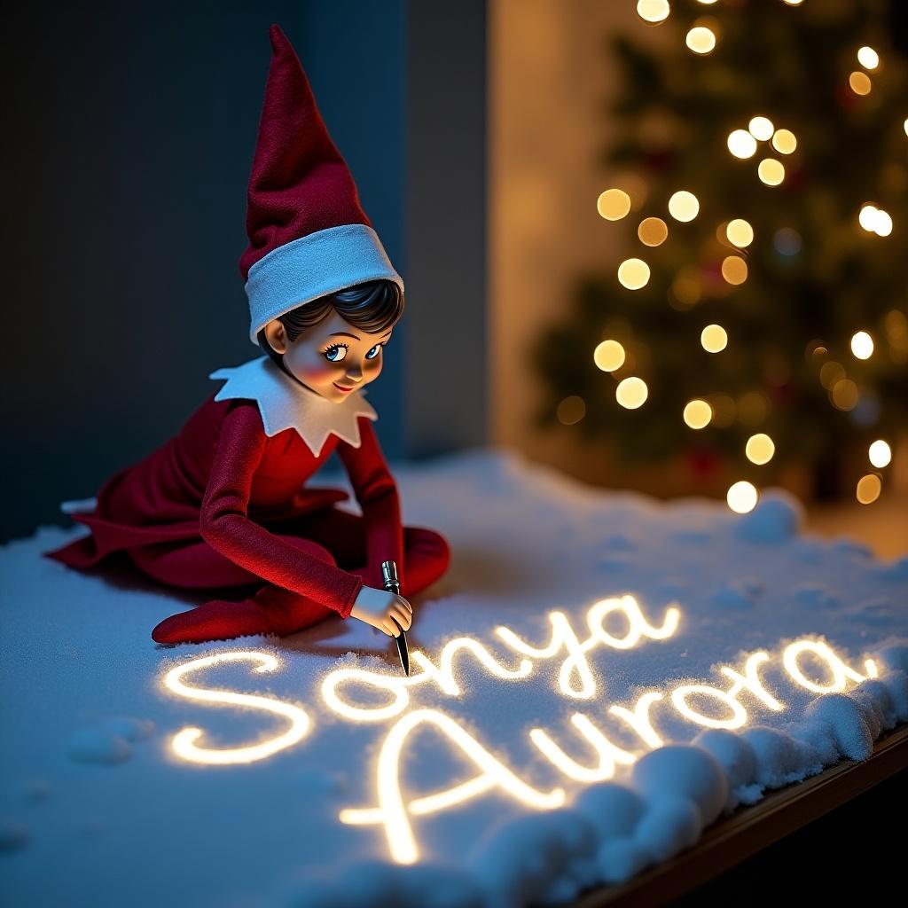 Elf on the shelf writing names in the snow with glowing lights. Names are artistically done in cursive style. Magical holiday atmosphere.