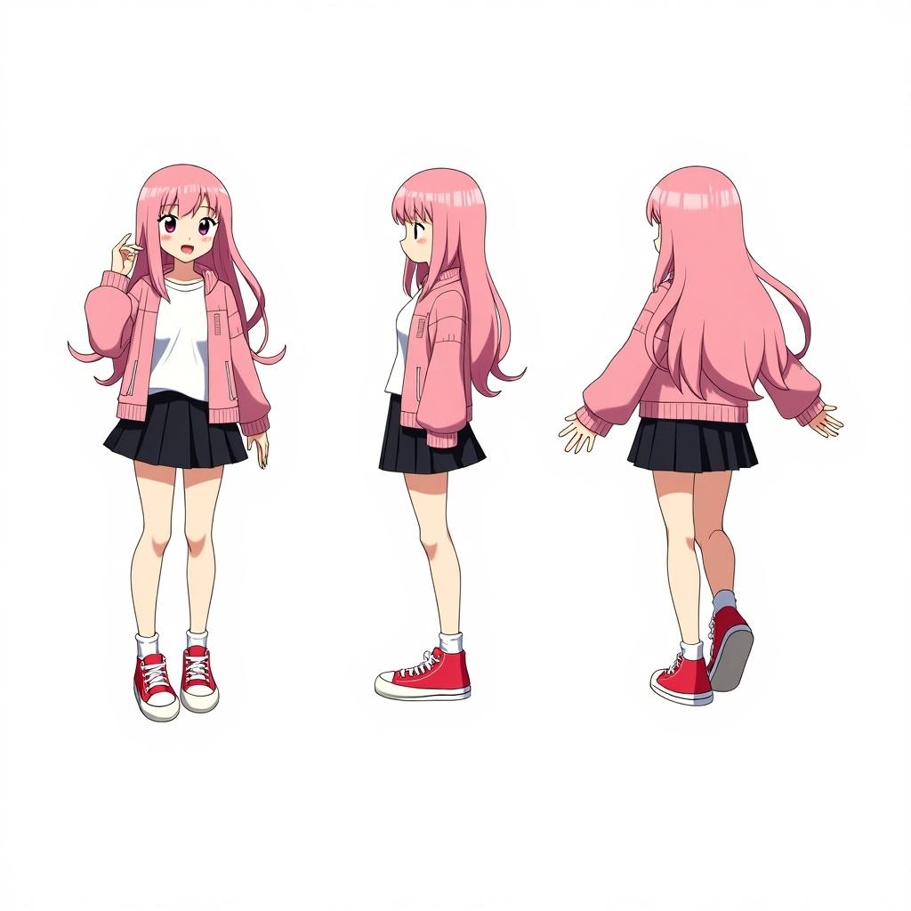 This image features a cheerful anime-style character turn-around sheet. The character has long pink hair and wears a stylish jacket over a white shirt. She pairs her outfit with a black skirt and vibrant red sneakers. The sheet presents her in three views: front, side, and back. The artwork highlights her playful demeanor and casual outfit, making it a versatile design reference for various creative projects.