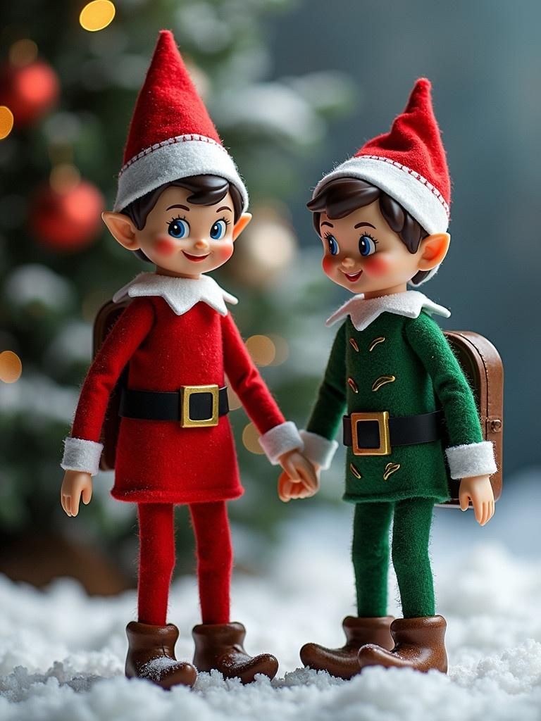 Elf figurines in red and green. One elf is in red and the other in green. They are holding hands. The background features a Christmas tree. Snow is on the ground. The scene is cheerful and festive.