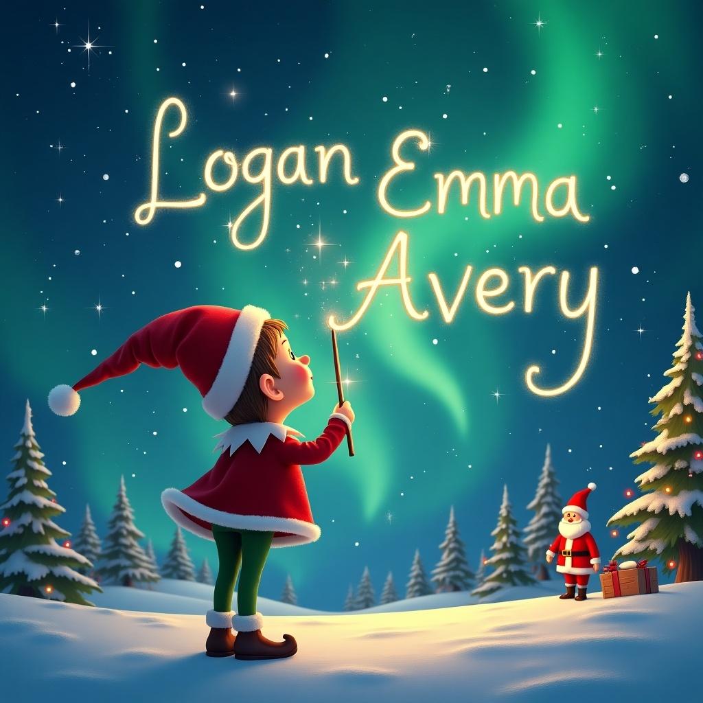 Elf with back to image faces sky. Elf uses wand to write names in the air. Background shows magical Christmas scene with northern lights. Santa Claus appears. Names Logan, Emma, Avery visible in the sky.