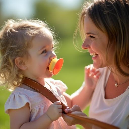 Children interact playfully in a sunny park scene. One wears a yellow dress while another holds a pacifier. The atmosphere is cheerful and bright indicating joyful interaction.