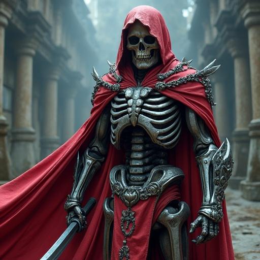 Skeletal figure in ornate armor. Red cloak draped over the form. Striking pose against ancient architecture. Dark, moody atmosphere creates a sense of drama.