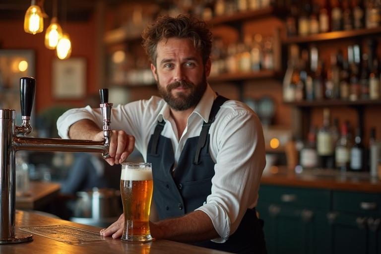 A landlord stands behind a bar counter. He draws a beer into a glass. The environment appears warm and inviting with an organized bar setup.